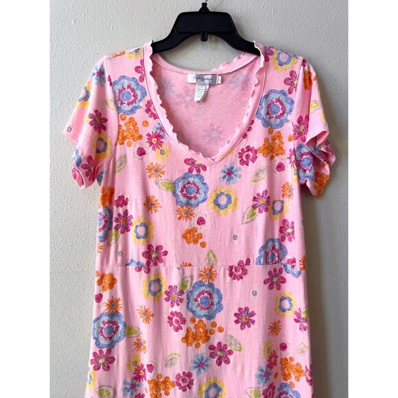 Vintage 90s Fresh Produce Pink Floral Cotton Midi Dress Small V-Neck USA Made - Picture 4 of 5